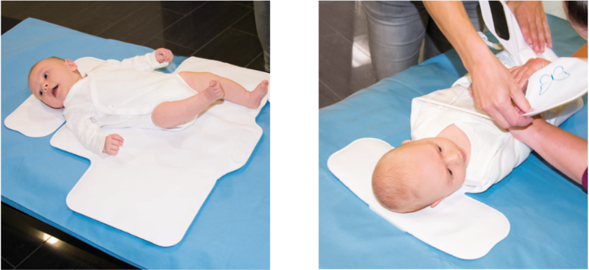Abb. 3 und 4: Neugeborenes in MR-safe Body auf Lagerungshilfe positionieren, in Watte packen und in BabyFix Cocoon einwickeln.