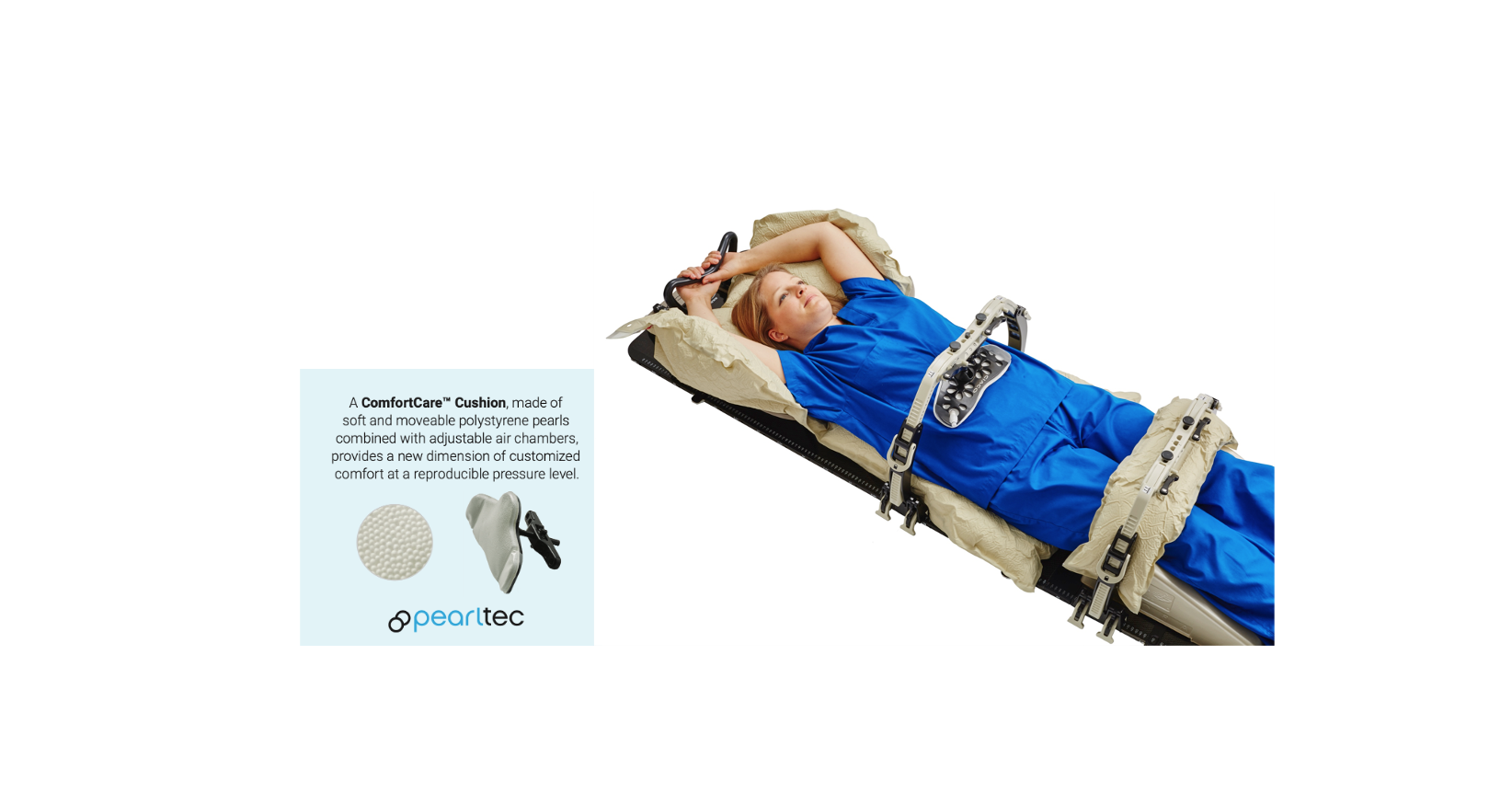 Patient in SBRT position using Pearltec cushion for breathing suppression