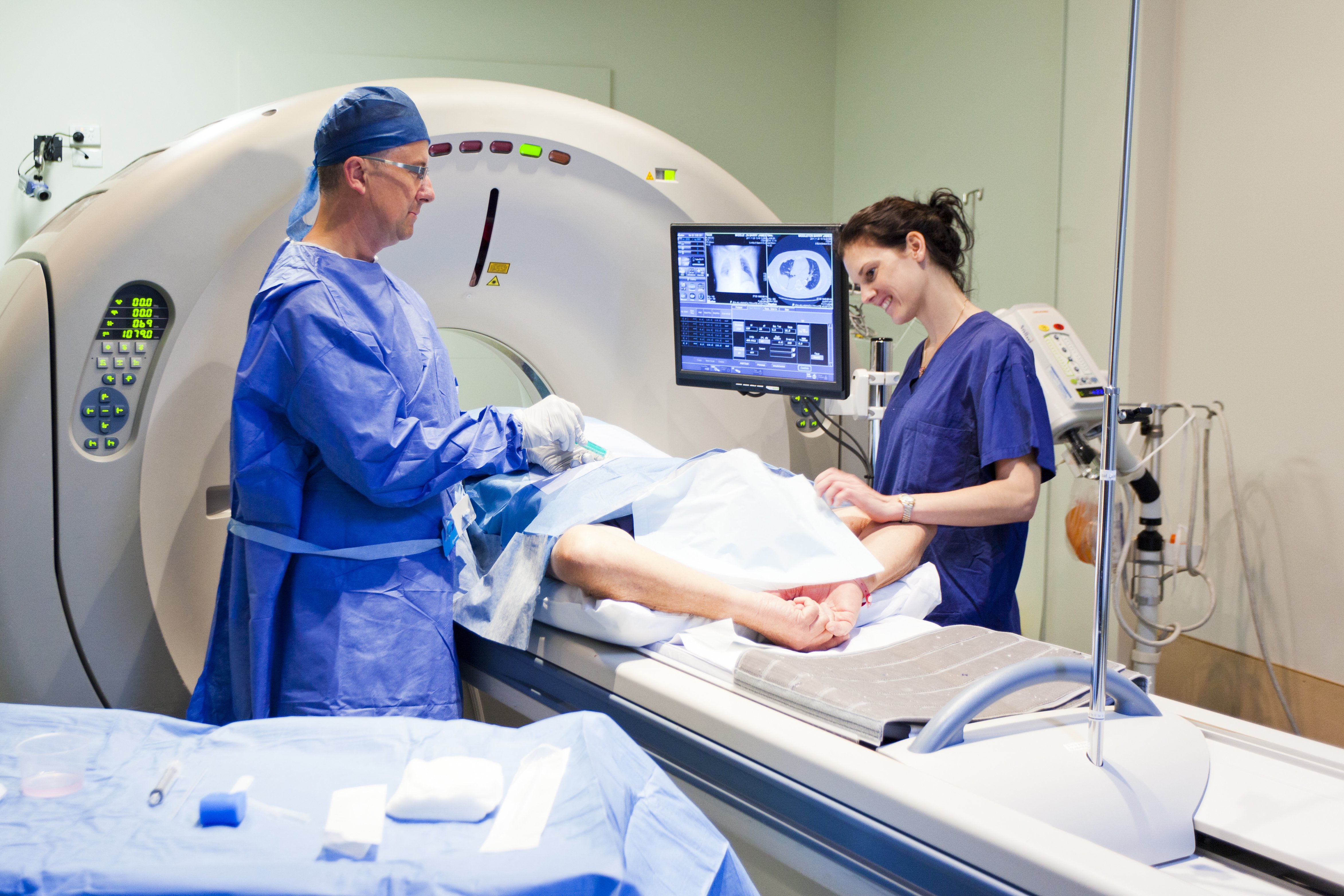 CT-guided intervention performed by two doctors